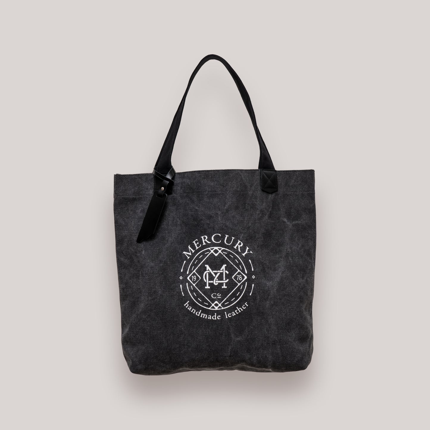 Mercury Black Shoulder, Front/Back Double Logo Thick Canvas Bag Leather Tag Custom Branding