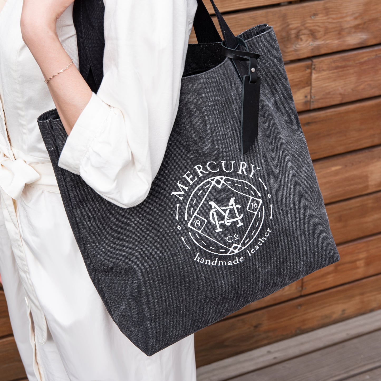 Mercury Black Shoulder, Front/Back Double Logo Thick Canvas Bag Leather Tag Custom Branding