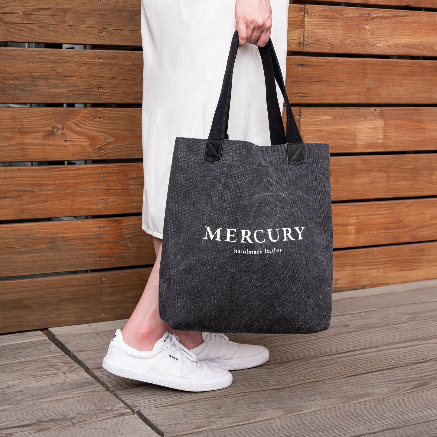 Mercury Black Shoulder, Front/Back Double Logo Thick Canvas Bag Leather Tag Custom Branding